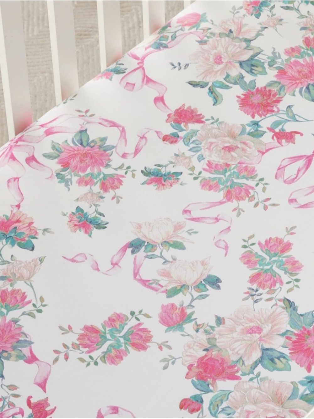 LoveShackFancy Cabbage Rose Bow Organic Crib Fitted Sheet. Out of stock.